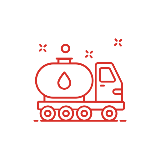 Red line drawing of a tanker truck with a large tank and a water droplet symbol on its side, shown on a white circular background with small decorative elements around it.