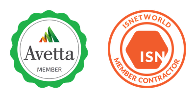 Two certification badges: the left badge is green and white with Avetta Member and a triangular logo in green, orange, and yellow; the right badge is orange and white with ISNETWORLD Member Contractor and ISN in a hexagon.