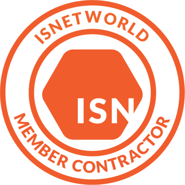 An orange circular badge with the text ISNETWORLD MEMBER CONTRACTOR around the edge and ISN inside a hexagon in the center.
