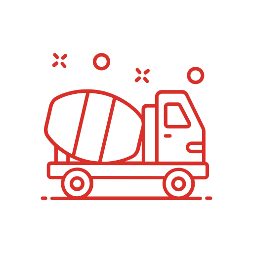 Red outline illustration of a cement mixer truck with a large rotating drum on the back, simple circular decorations above, and a white background.